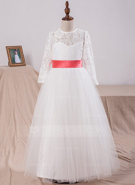 A-Line/Princess Lace Short Sleeves Scoop Neck Floor-Length Flower Girl Dresses main image 1