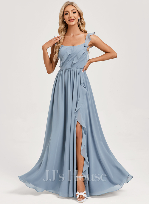 navy blue dress for baby girl Square Neck Chiffon Maxi Bridesmaid Dress with Flutter Sleeves main image 1