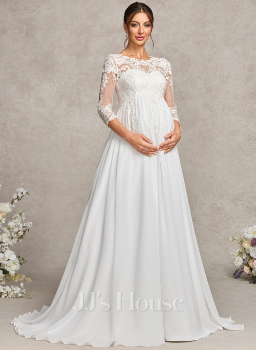 JJ's House A-line Scoop Illusion Court Train Chiffon Lace Maternity Wedding Dress 2026 - Size: 30, Ivory, White