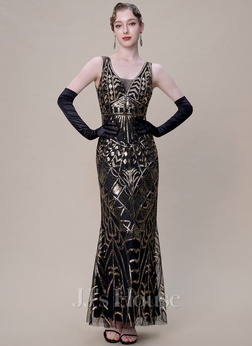 JJ's House V-Neck Beaded Art Deco 1920s Evening Gown - Size: 10, Black JJ's House V-Neck Beaded Art Deco 1920s Evening Gown - Size: 10, Black