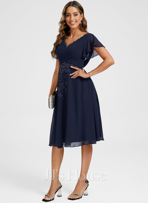 blue dress for baby girl A-Line V-Neck Sleeveless Chiffon Knee-Length Bridesmaid Dress with Pleated Bow Pockets main image 1