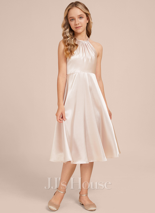 miniature bridesmaid dresses A-Line/Princess Scoop Short Sleeves Knee-Length Pleated Junior Bridesmaid Dresses with Bow Sash main image 1