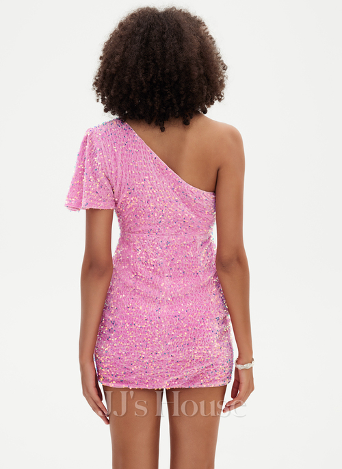 open lace back dress Glitter Whirl One Shoulder Sequin Feather Mini Dress ‍ Mermaid Way, Black / L main image 1