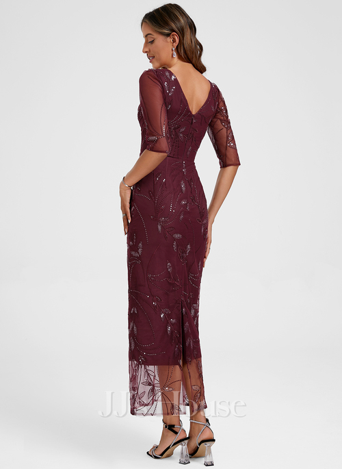 JJ's House Sheath Column V-Neck Ankle-Length Lace Floral Cocktail Dress 2026 With Sequins - Size: 06, Cabernet, Red