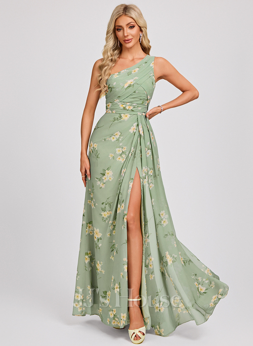 Odetta A-line One Shoulder Ruffle Chiffon Bridesmaid Dress | JJ's House