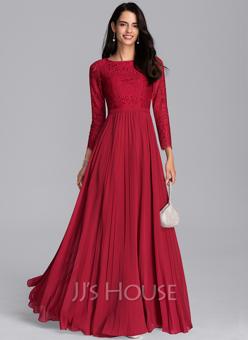 fitted lace wedding dress Long A-Line Scoop Neck Flower Girl Dresses Chiffon Lace Junior Bridesm –  BIZTUNNEL main image 1