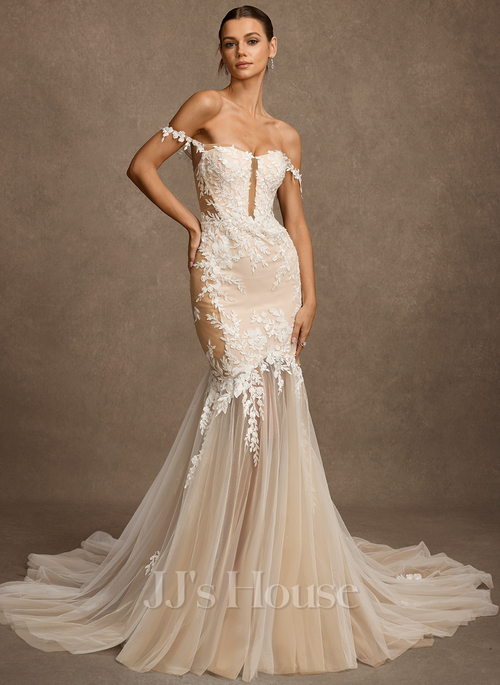 JJ's House Trumpet Mermaid Off the Shoulder Chapel Train Lace Tulle Wedding Dress 2026 With Beading - Size: 06, Ivory-Nude