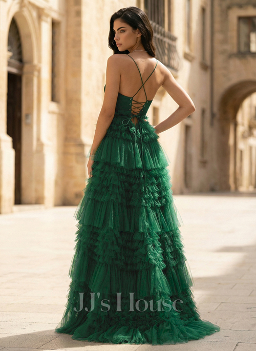 JJ's House Ball-Gown Princess Sweetheart Sweep Train Tulle Prom Dress 2026 With Ruffle - Size: 22, Dark Green. Plus Size Available.