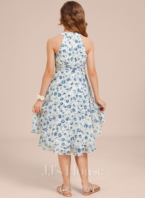 blue floral junior bridesmaid dress Puffy Sleeve A-Line Bridesmaids Dress