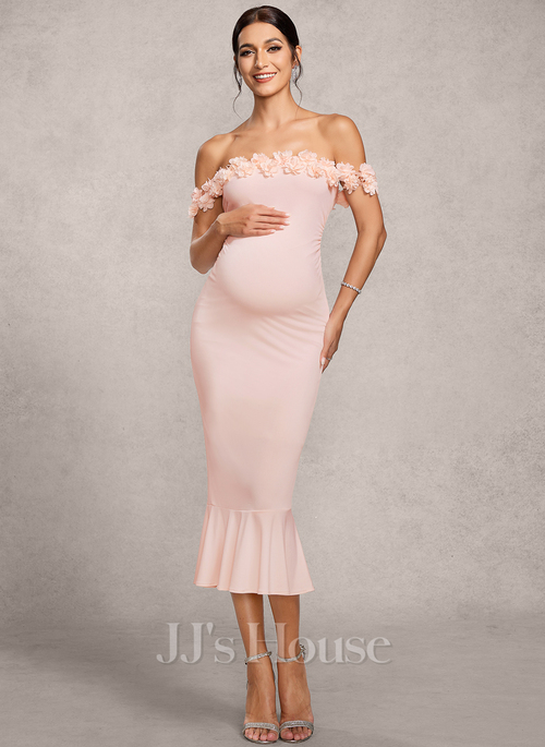Nerine Off the Shoulder Strapless 3D Floral Jersey Maternity Midi Dress | JJ's House Nerine Off the Shoulder Strapless 3D Floral Jersey Maternity Midi Dress | JJ's House