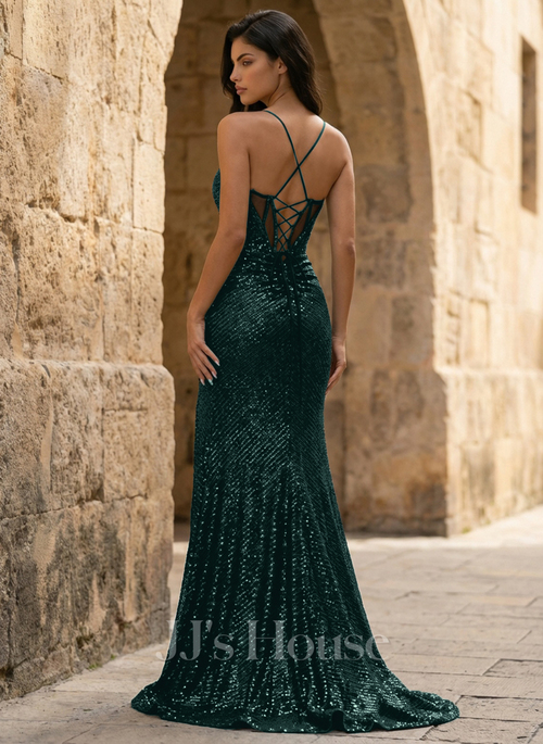 Adna Trumpet/Mermaid V-Neck Spaghetti Straps Sequins Prom Dress | JJ's House Adna Trumpet/Mermaid V-Neck Spaghetti Straps Sequins Prom Dress | JJ's House