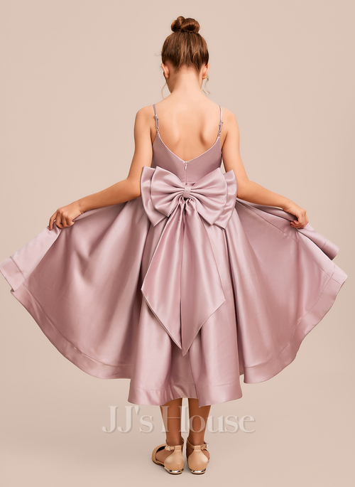 JJ's House A-line V-Neck Asymmetrical Satin Junior Bridesmaid Dress 2026 With Bow - Size: J6, Black JJ's House A-line V-Neck Asymmetrical Satin Junior Bridesmaid Dress 2026 With Bow - Size: J6, Black