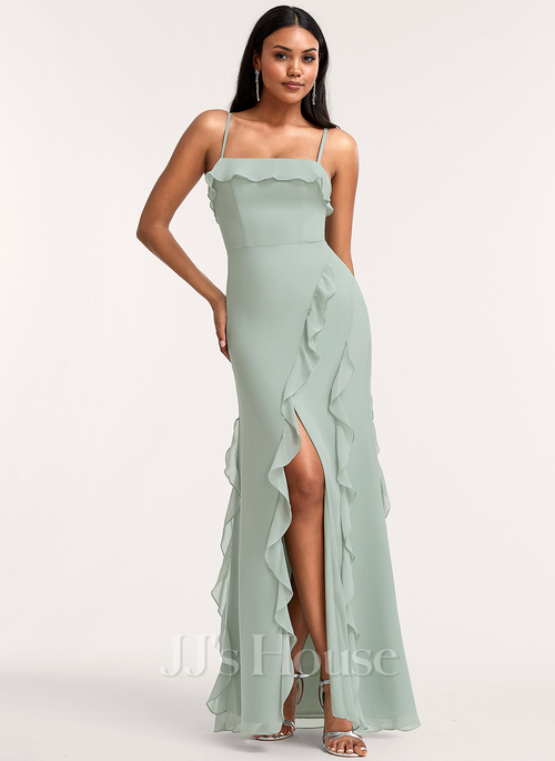 JJ's House A-line Square Floor-Length Chiffon Bridesmaid Dress 2026 With Ruffle - Size: 28, Sage Green. Available in Regular, Petite & Plus Size.