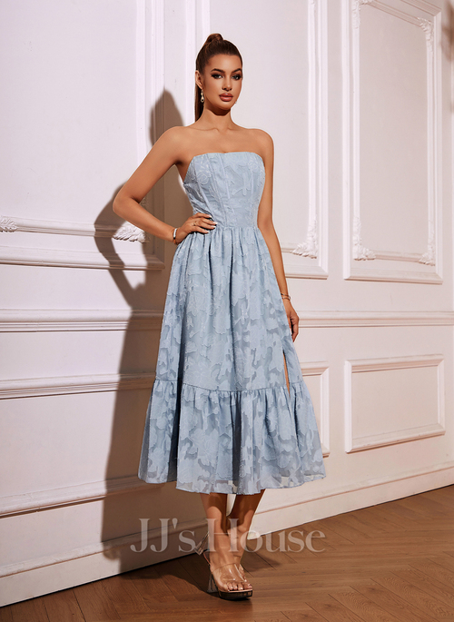 JJ's House A-line Straight Tea-Length Chiffon Cocktail Dress 2026 With Jacquard - Size: S, Blue JJ's House A-line Straight Tea-Length Chiffon Cocktail Dress 2026 With Jacquard - Size: S, Blue