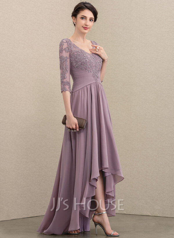 A-Line V-neck Asymmetrical Chiffon Lace Evening Dress With Sequins ...