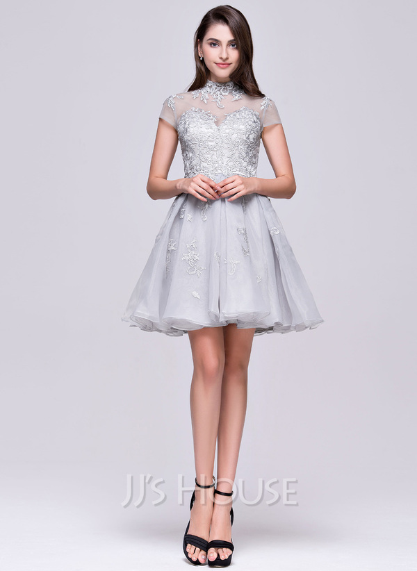 Organza A-Line Tulle Homecoming Dress, Short Sleeve Applique Homecoming Dress, D1317