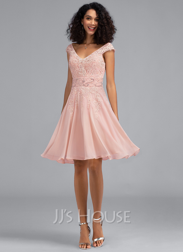 A-Line V-neck Knee-Length Chiffon Lace Homecoming Dress With Beading ...