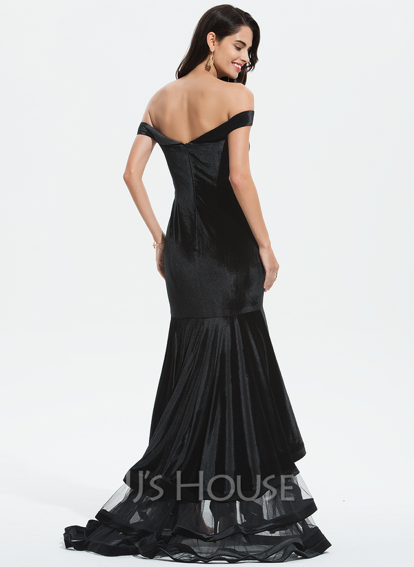 Trumpet/Mermaid Off the Shoulder Sweep Train Jersey Maxi Dresses With Pleated Bow