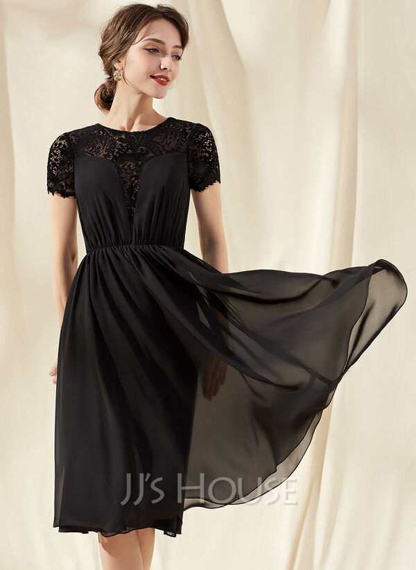 A-Line Scoop Neck Knee-Length Chiffon Lace Cocktail Dress With Ruffle ...