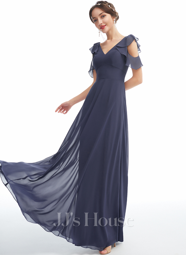 A-Line V-neck Floor-Length Bridesmaid Dress With Ruffle (007254654 ...