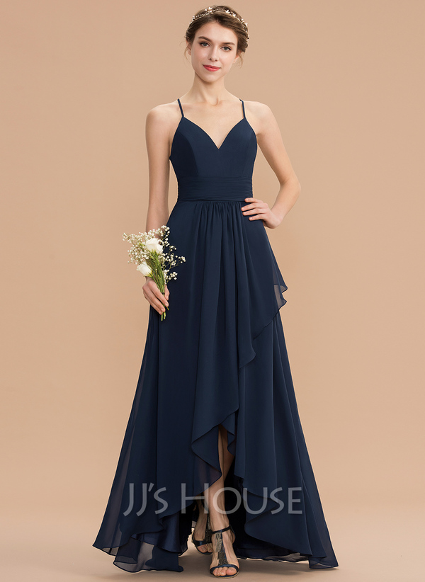 A-Line V-neck Asymmetrical Chiffon Lace Prom Dresses With Cascading ...