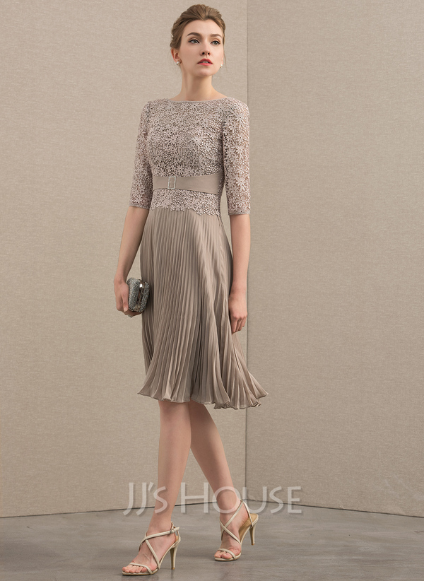 A-Line/Princess Scoop Neck Knee-Length Chiffon Lace Cocktail Dress With ...