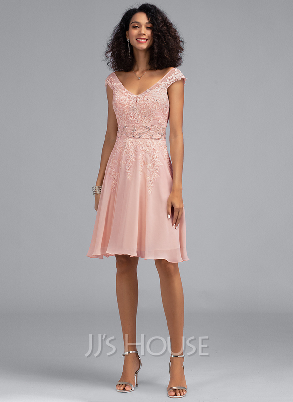 A-Line V-neck Knee-Length Chiffon Lace Homecoming Dress With Beading ...