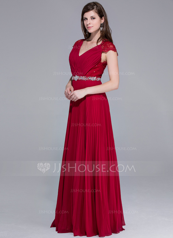 V-neck Empire Floor-length Gown with Lace Pleating Peach