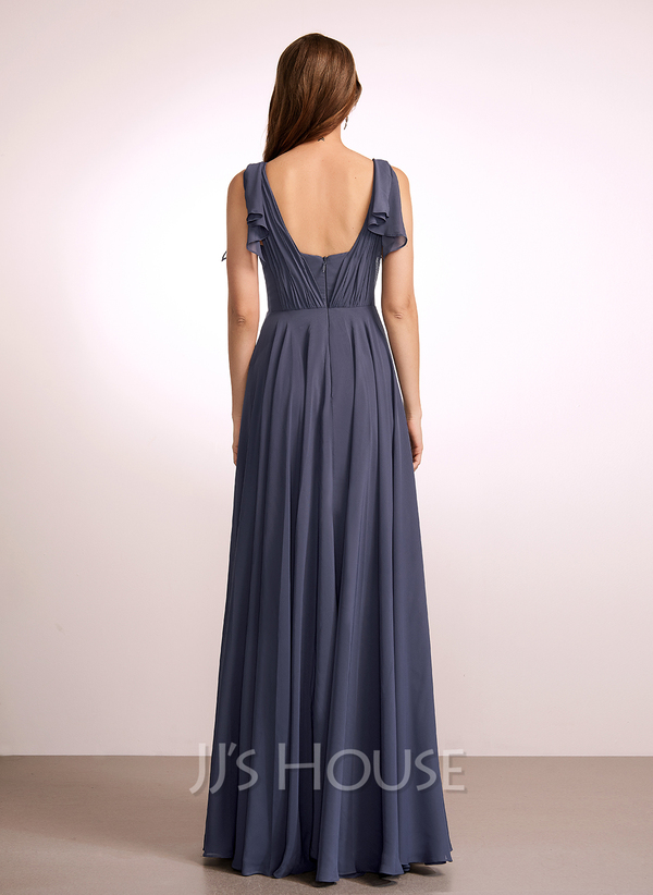 A-Line V-neck Floor-Length Bridesmaid Dress With Ruffle (007262600 ...