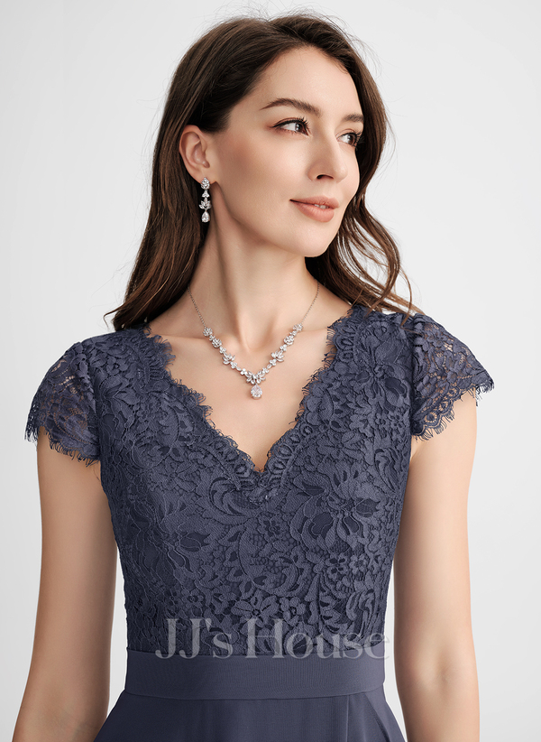 A-Line V-neck Asymmetrical Chiffon Lace Cocktail Dress With Cascading ...