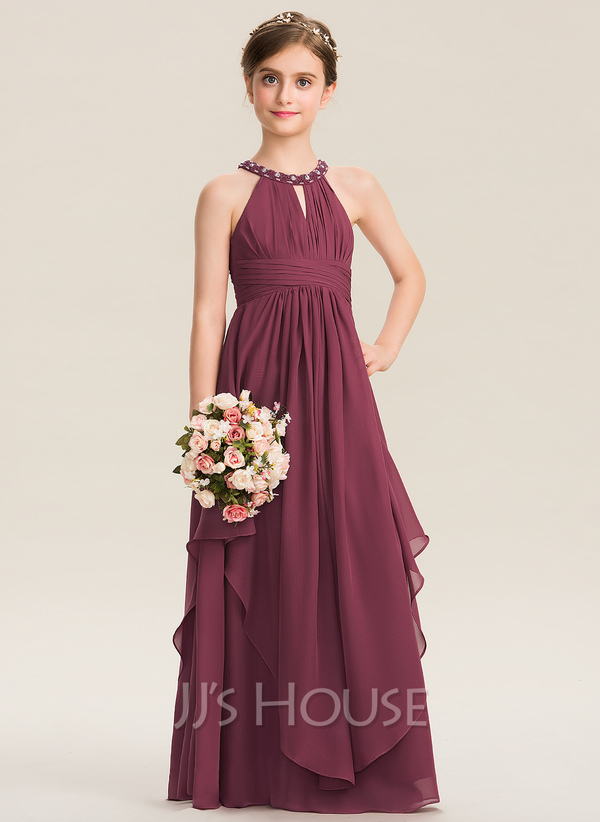 V-hals blush roze chiffon bruidsmeisje jurk
