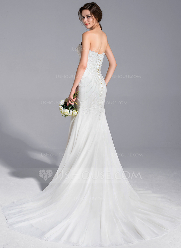 Trumpet-Mermaid Chapel Train Tulle Lace Wedding Dress CW2454 main image 0