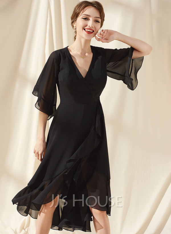 A-Line V-neck Asymmetrical Chiffon Cocktail Dress With Cascading ...