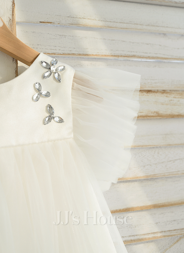 Sleeveless Round Neck Lace Embroidered Tulle Flower Girl Dress Cute A-Line Dress with Bow Back