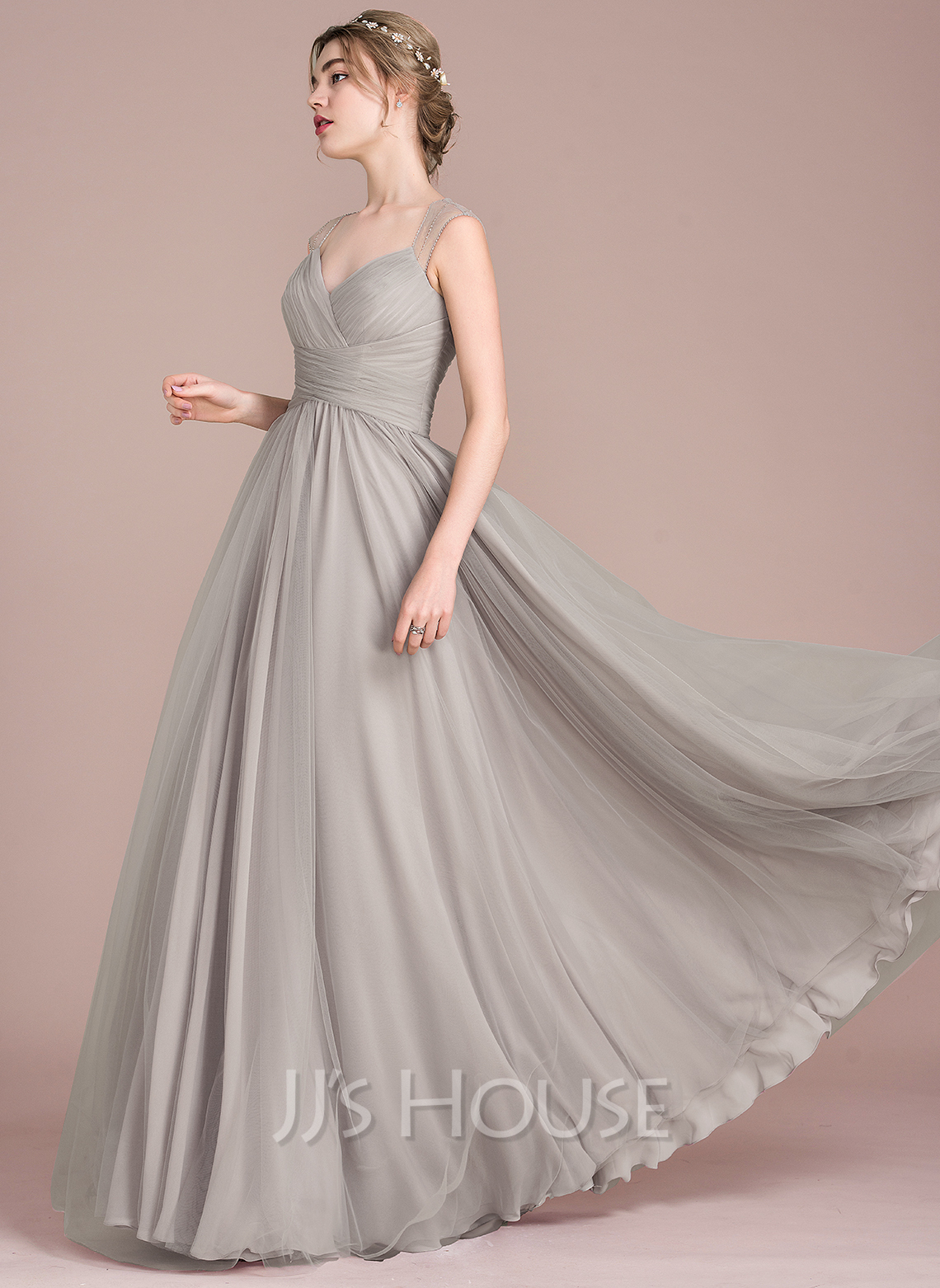 Ball-Gown/Princess V-Neck Floor-Length Tulle Prom Dresses With Sequins