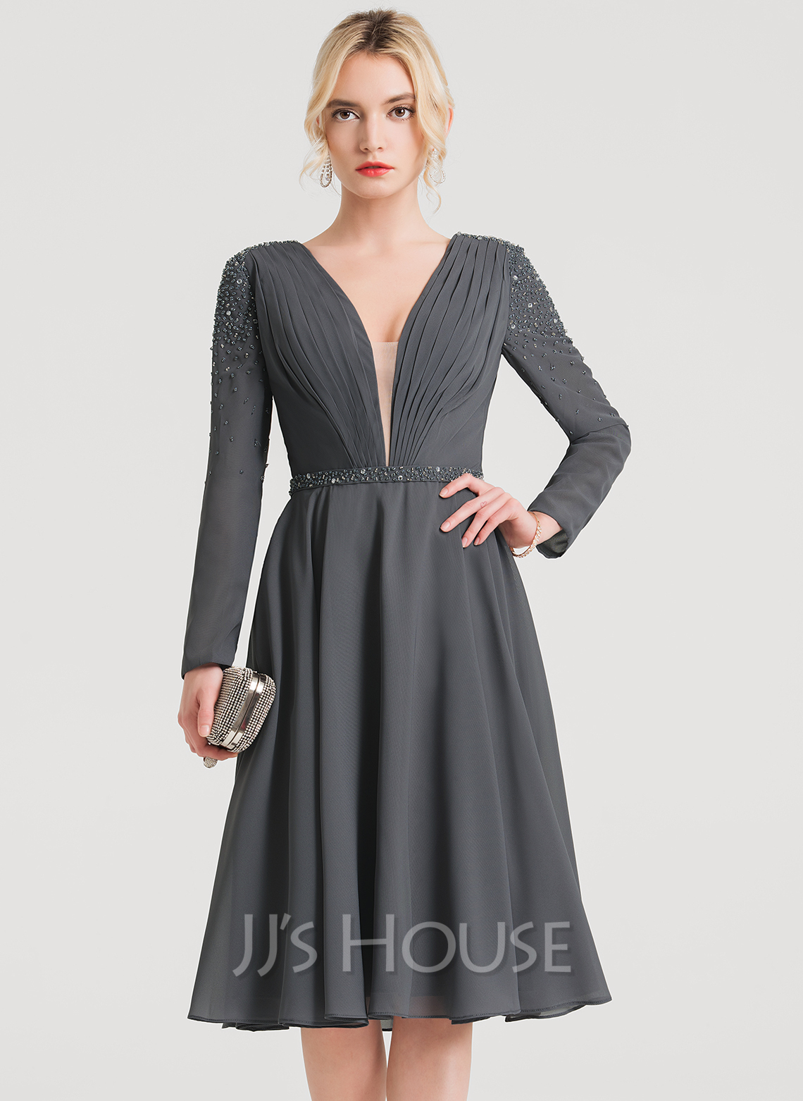 A-Line V-neck Knee-Length Chiffon Cocktail Dress With Ruffle Beading ...