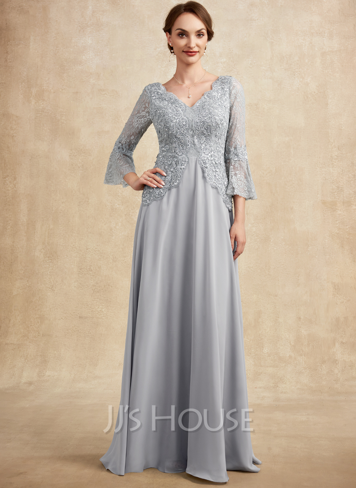 A-line V-Neck Floor-Length Chiffon Lace Mother of the Bride Dress