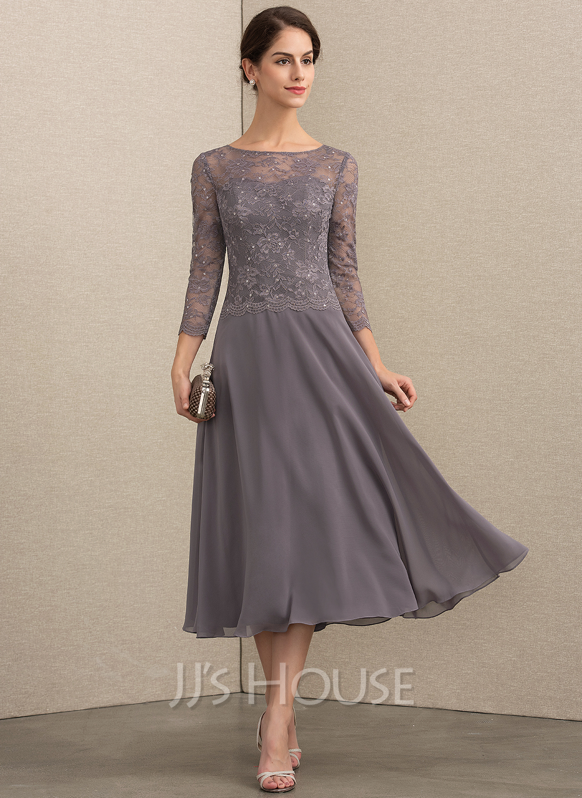 A-Line Scoop Neck Tea-Length Chiffon Lace Cocktail Dress With Sequins ...