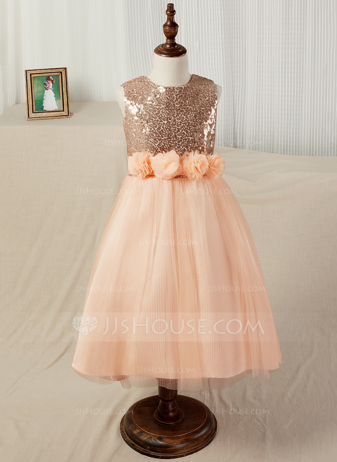 A-Line/Princess Tea-Length Flower Girl Party Dress with Beading Appliques main image 1
