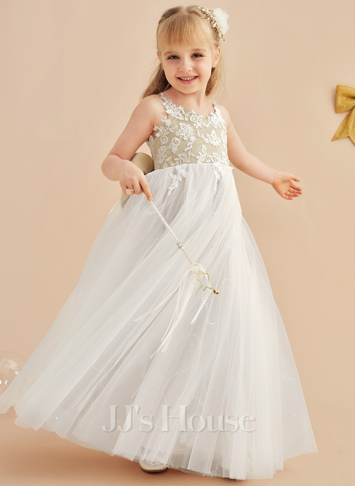 A-Line Round Neck Satin Tulle Flower Girl Dress Pearl Trim Open Back Bow Accent Cute Flower Tulle Dress