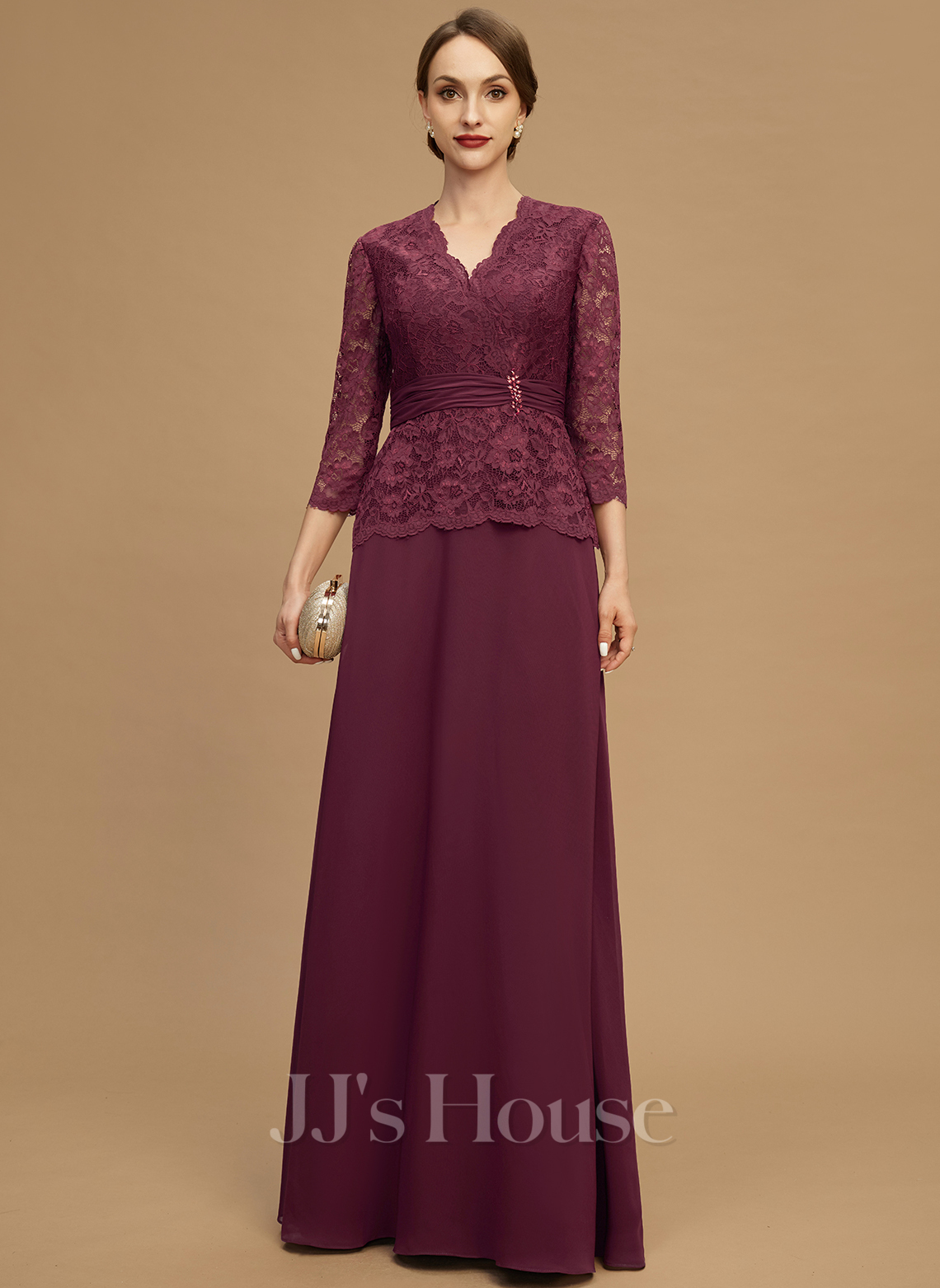 A-line V-Neck Floor-Length Chiffon Lace Mother of the Bride Dress main image 0