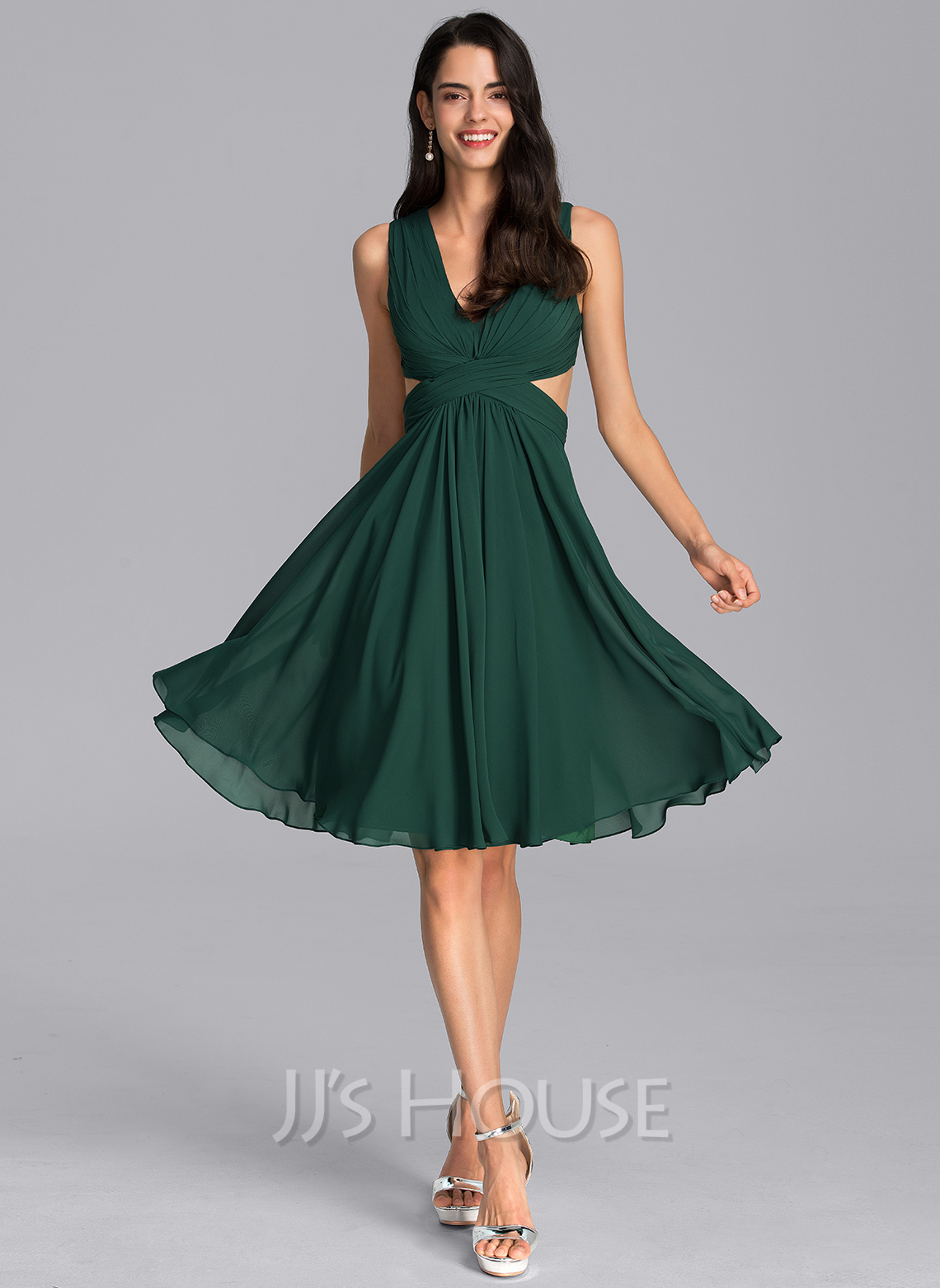A-Line V-neck Knee-Length Chiffon Cocktail Dress With Ruffle (016205797 ...
