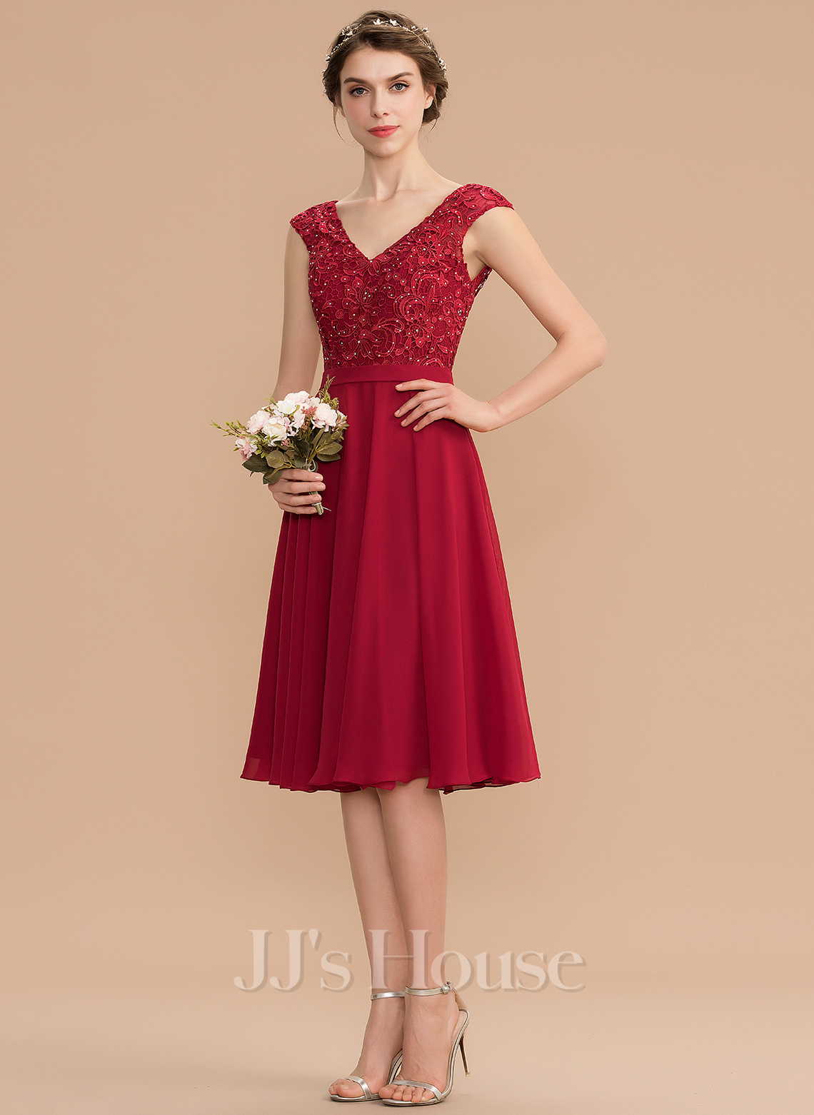 A-line V-Neck Knee-Length Chiffon Lace Prom Dresses With Beading ...