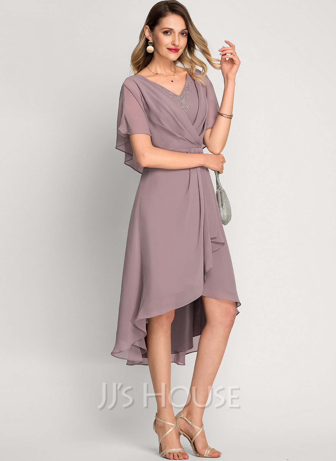 A-Line V-neck Asymmetrical Chiffon Cocktail Dress With Beading Sequins ...