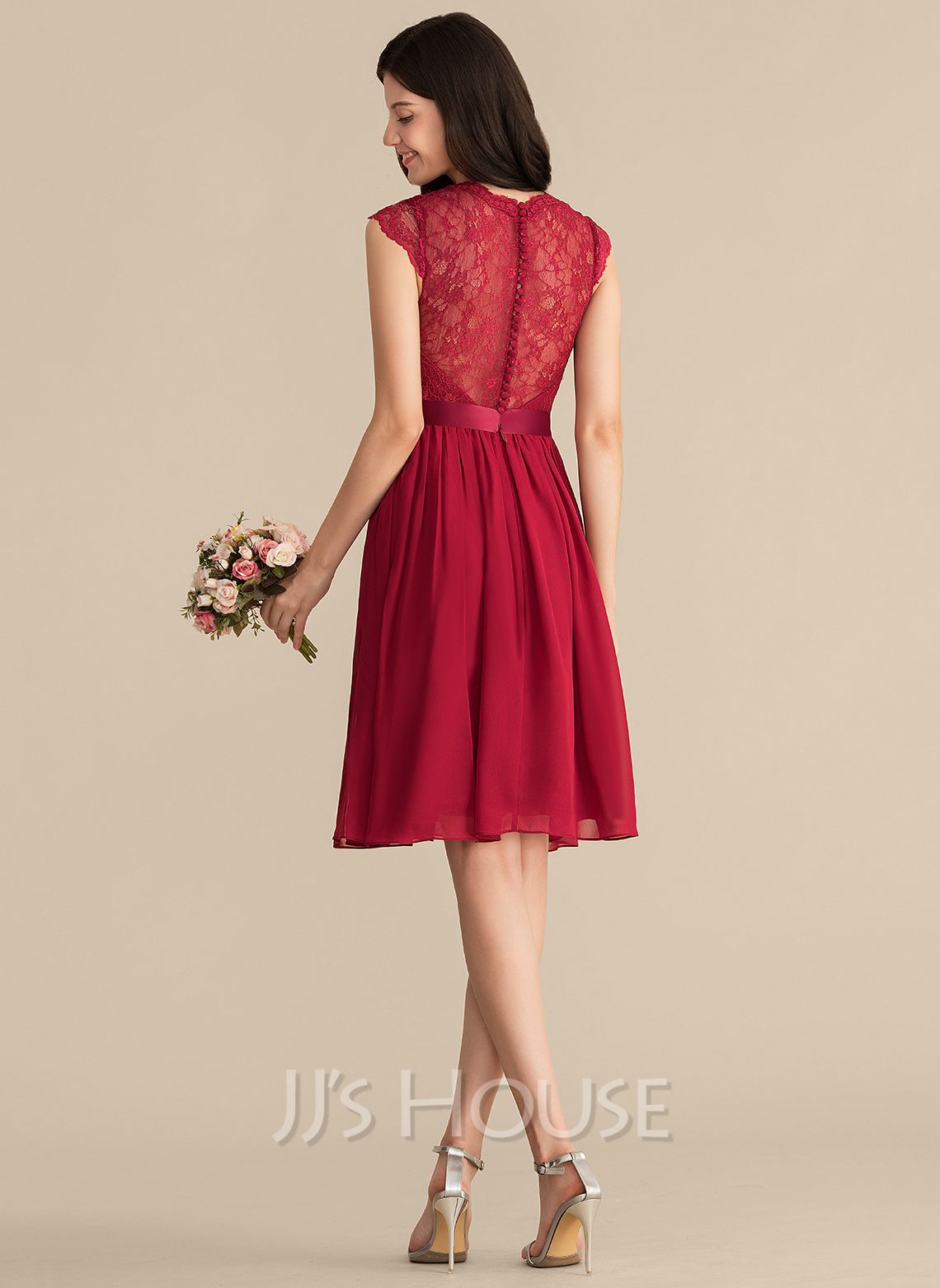 A-Line V-neck Knee-Length Chiffon Lace Cocktail Dress With Ruffle ...