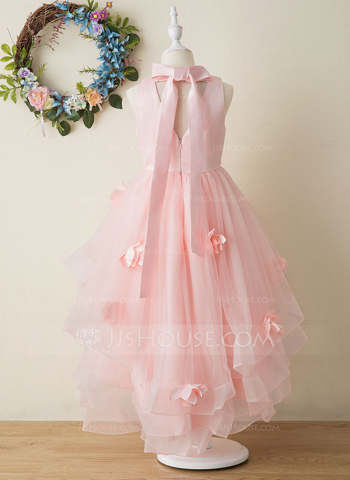 Niulatu Ball Gown Pearl Neck Satin Tulle Back With Bow Knot Flower Girl Dress HZ1110