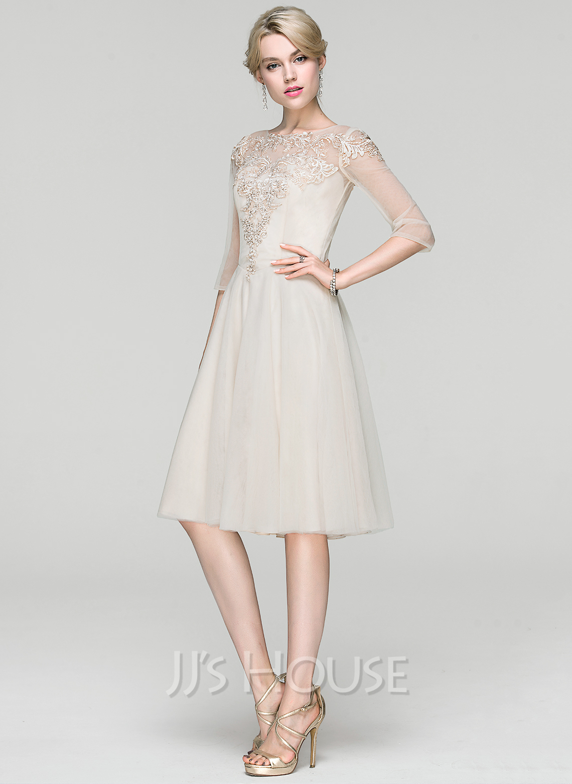 A-Line/Princess Scoop Neck Knee-Length Chiffon Cocktail Dress With Lace ...