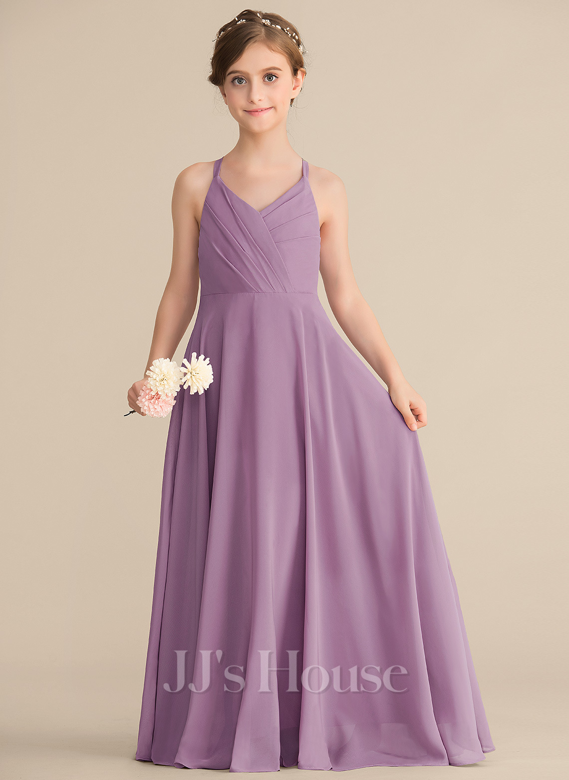 V-neck Chiffon Floor-Length Junior Bridesmaid Dresses Steel Grey main image 1