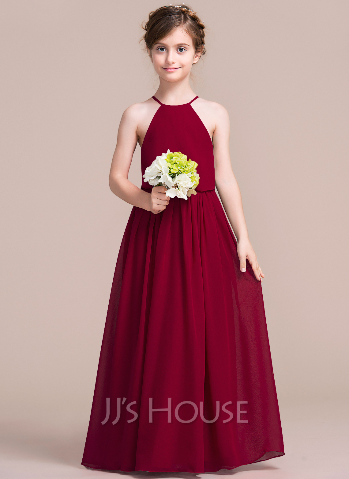Sleeveless Scoop Neck Chiffon Junior Bridesmaid Dresses Watermelon