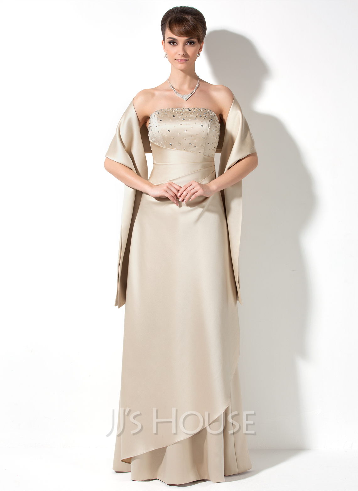 Women's Strapless Satin Evening Dresses Vintage Wrap Beading Floor Length Long Dress Y4868